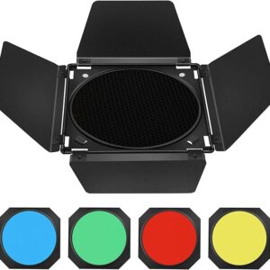 BD-200 barn Door Barndoor with Honeycomb Grid and 4 Color Gel Filters (Red,Yellow,Blue,Green) Compatible for Standard Reflectors Accessories kit