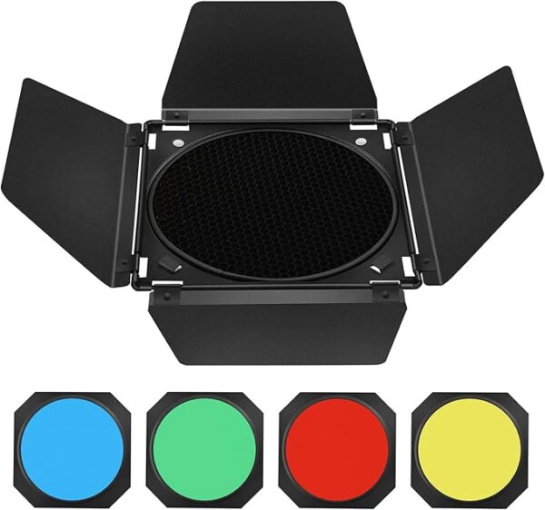 BD-200 barn Door Barndoor with Honeycomb Grid and 4 Color Gel Filters (Red,Yellow,Blue,Green) Compatible for Standard Reflectors Accessories kit