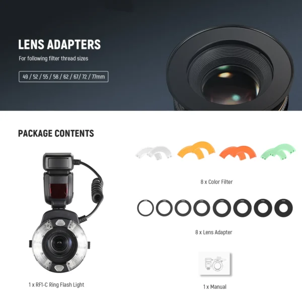 NEEWER RF1 76Ws 5600K GN15 TTL Marco Ring Flash - Image 2
