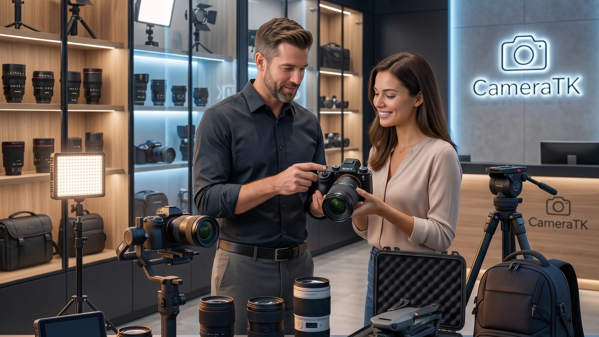 Professional photographer overlooking the city with premium cameras, drones, lenses, and filmmaking equipment representing CameraTK's vision for the future