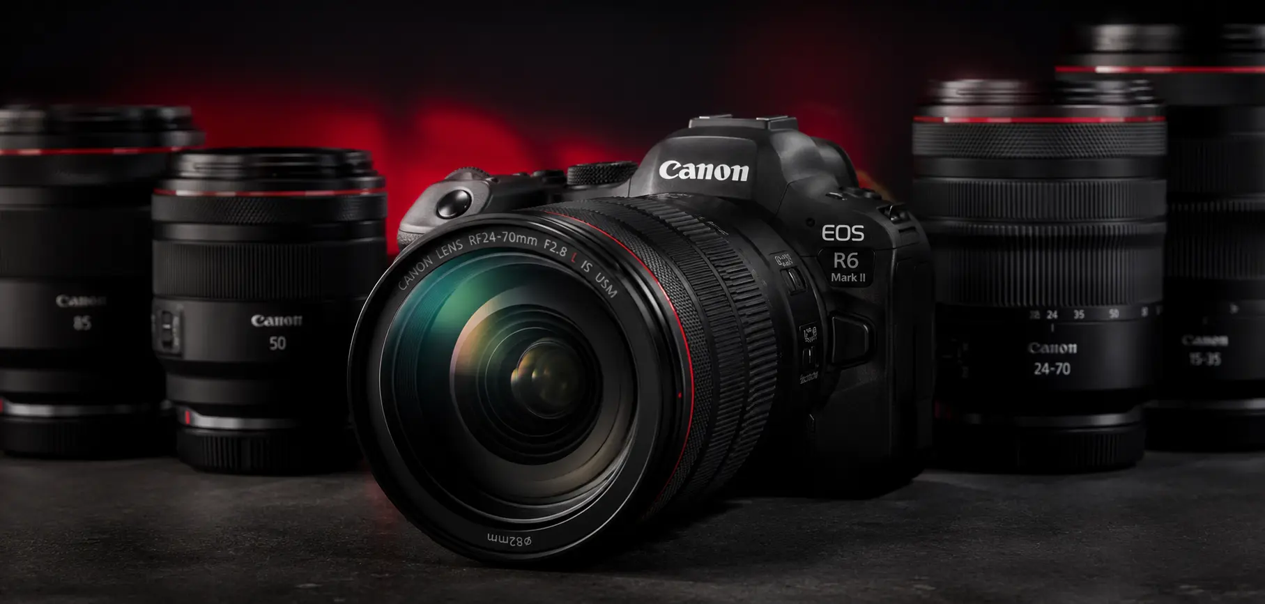 Canon professional mirrorless camera with premium RF lenses on a dark cinematic background for photography and videography.