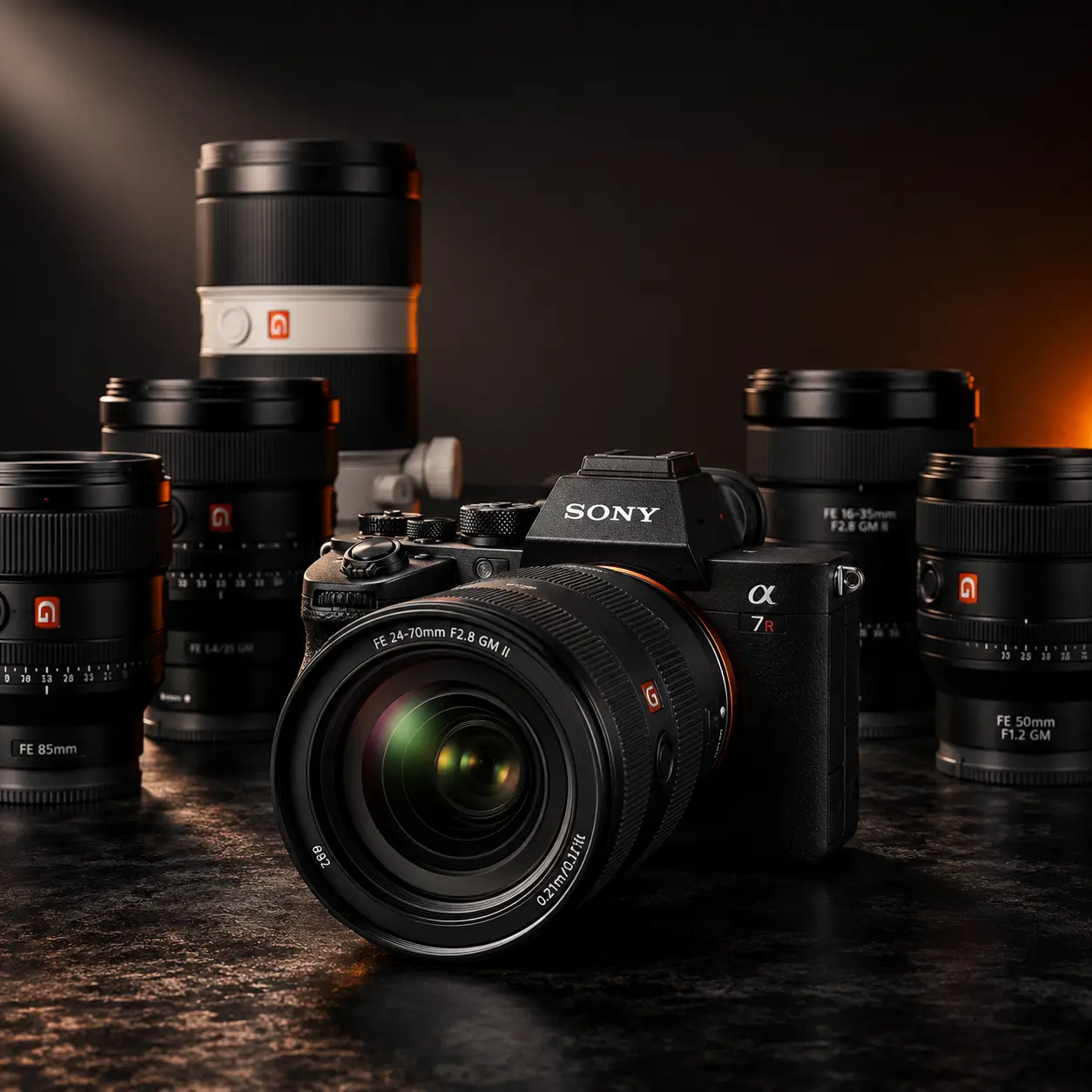 Sony Alpha mirrorless camera with premium G Master lenses displayed in a professional studio lighting setup.