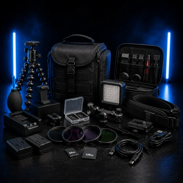 Professional camera accessories including filters, memory cards, chargers, cleaning kit, cables, battery charger, and photography gear arranged on a premium dark studio background.