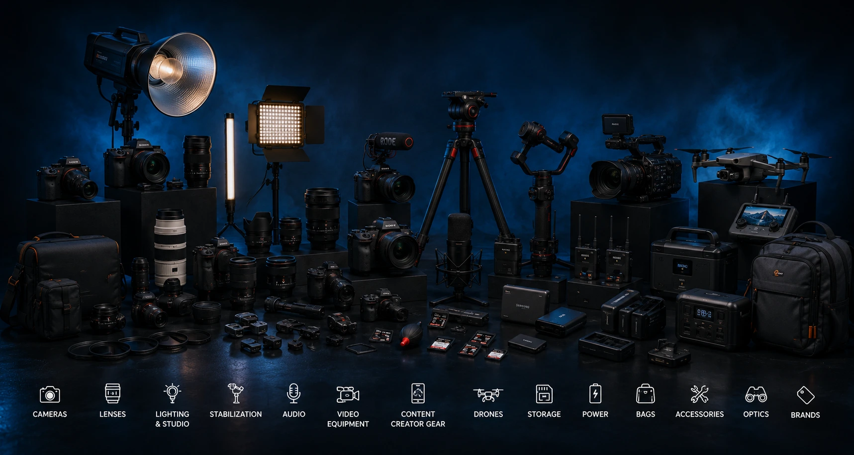 Professional photography equipment including mirrorless cameras, lenses, lighting, audio gear, drones, stabilization tools, storage devices, power accessories, camera bags, and photography accessories displayed in a premium studio setting.