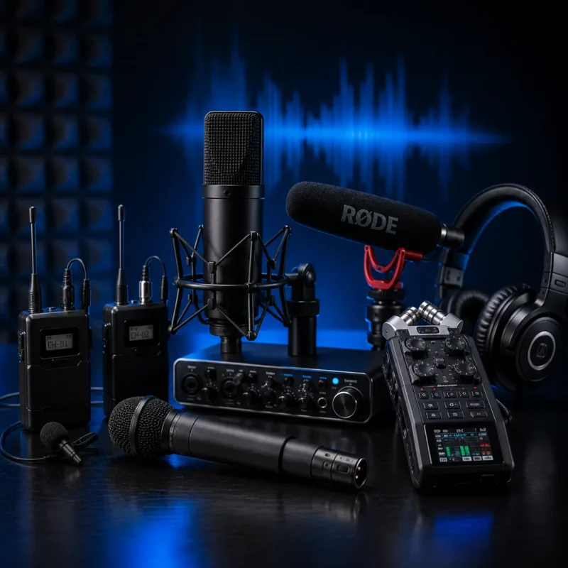 Professional audio equipment including wireless microphones, shotgun microphone, condenser microphone, audio recorder, headphones, and audio interface in a premium studio environment.