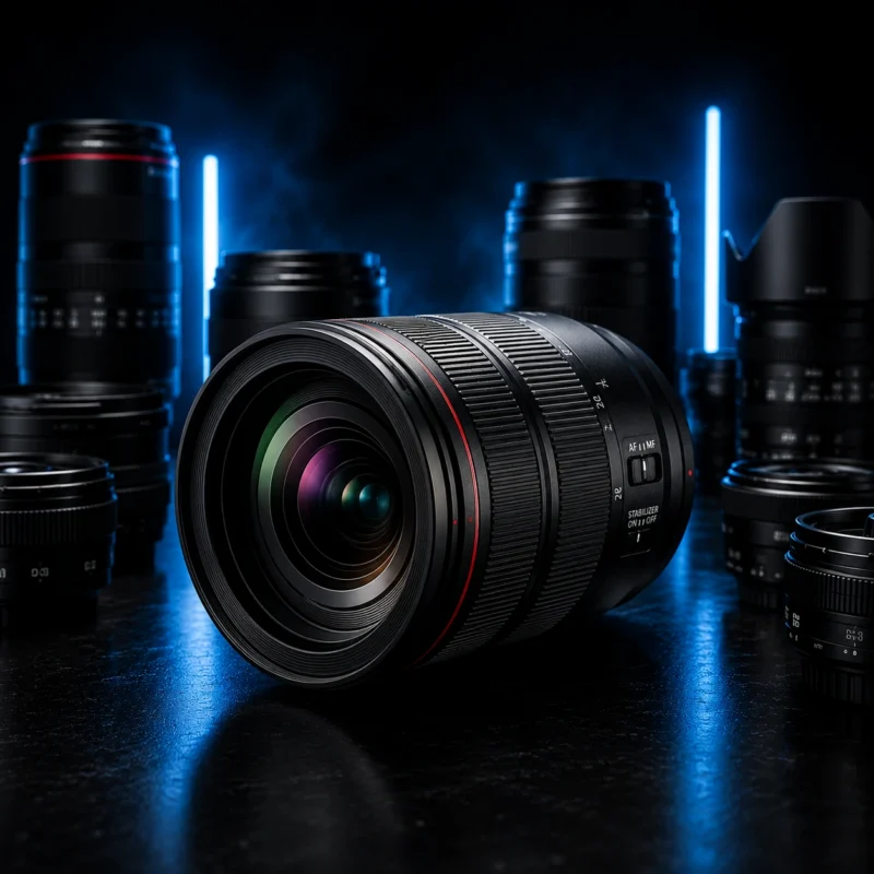 Professional camera lens with premium optical glass on a dark studio background for the CameraTK lenses category.