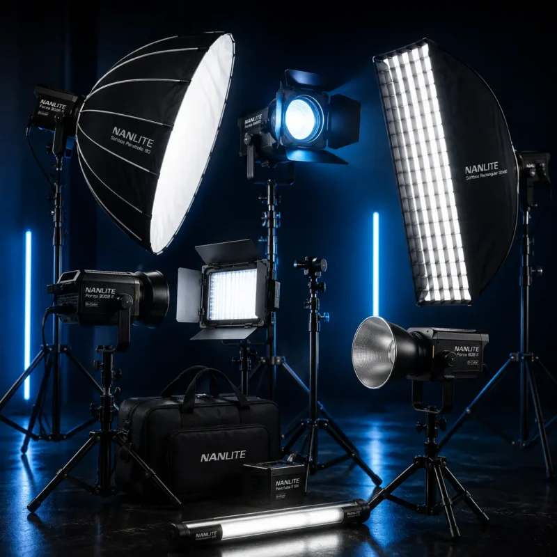 Professional studio lighting equipment including LED lights, softboxes, studio flash, light stands, and photography accessories in a premium studio environment.