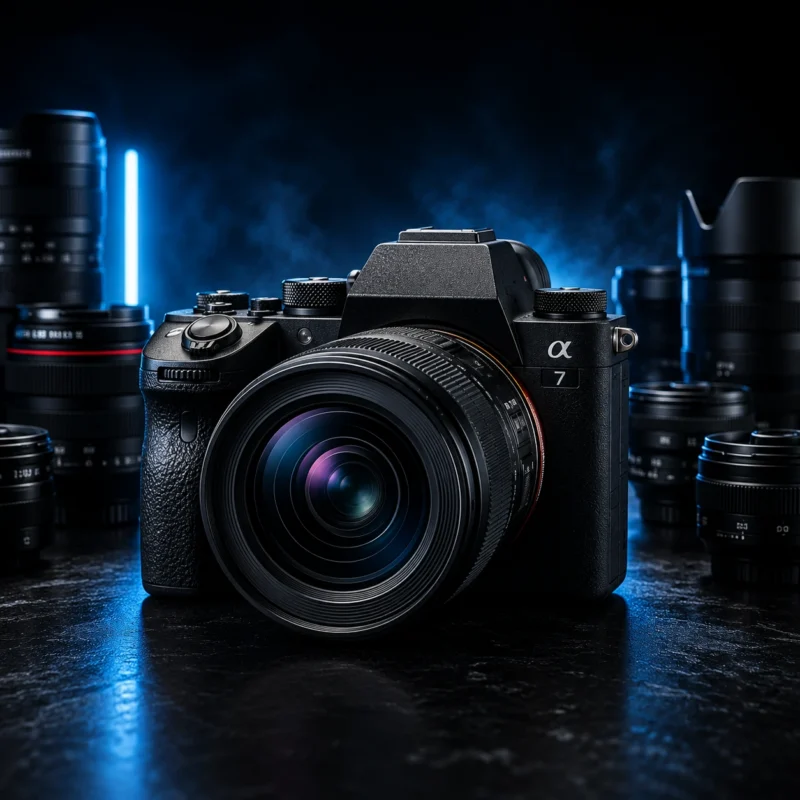 Professional mirrorless camera with premium lens on a dark studio background for the CameraTK cameras category.