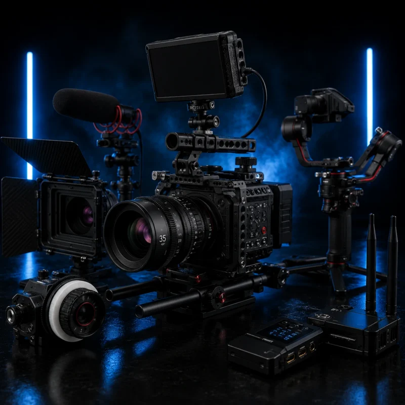 Professional video production equipment including cinema camera, camera cage, external monitor, follow focus, and filmmaking accessories in a premium studio setup.