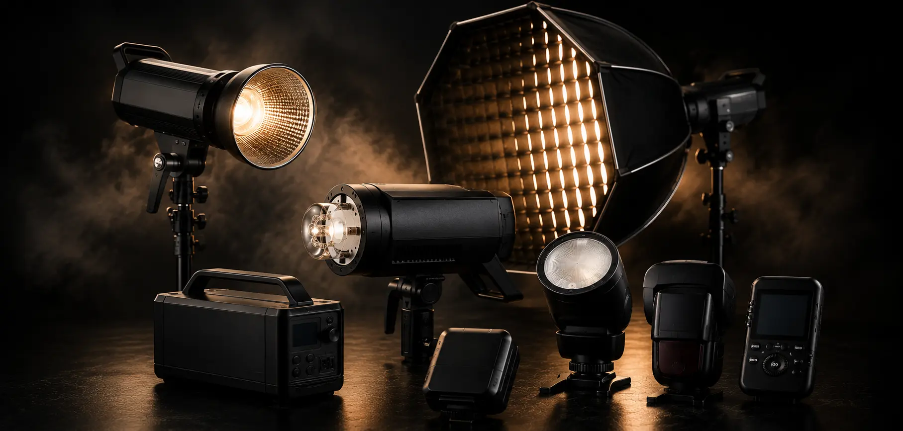 Godox professional studio lighting equipment including strobes, softbox, speedlight, and wireless trigger in a cinematic studio setup.