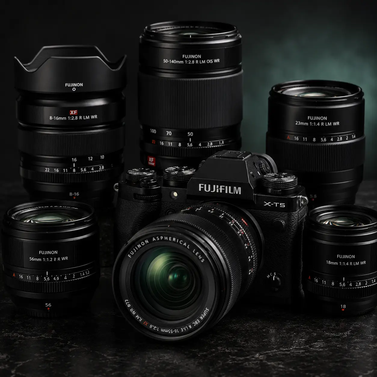 Fujifilm X Series mirrorless camera with premium Fujinon lenses displayed in a professional studio lighting setup.