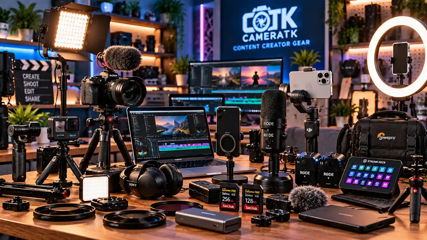 Content Creator Gear 1 Content creator gear including cameras, microphones, LED lights, gimbals, streaming equipment and camera accessories